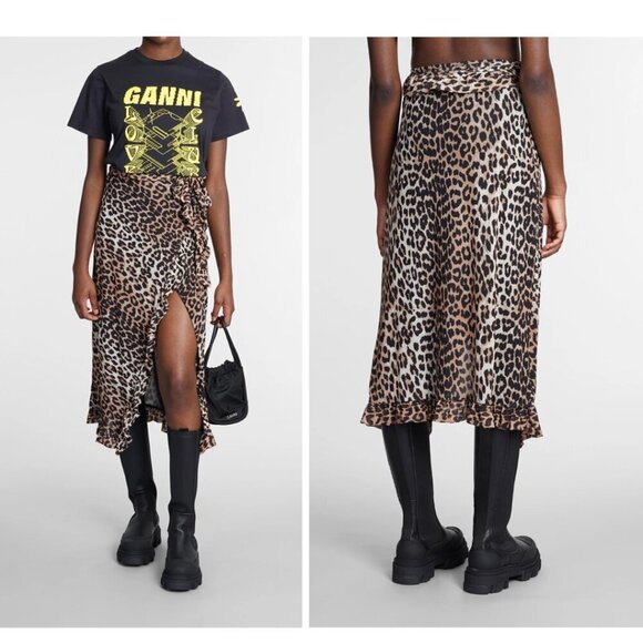 NWT Ganni | Mesh Ruffle Midi Wrap Skirt In Leopard - Picture 12 of 16